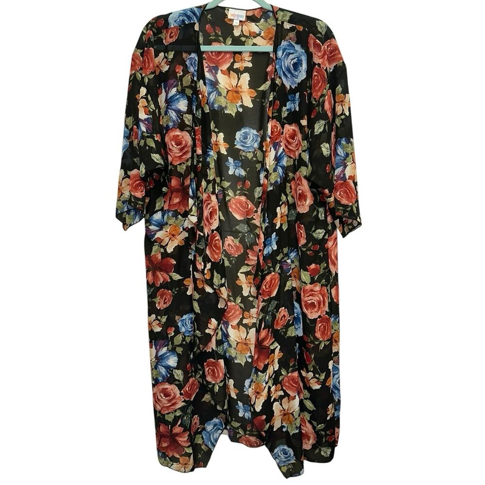LulaRoe Shirley Medium Black Floral Duster Kimono Open Front Boho